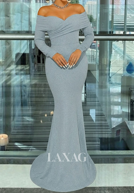 Sweetheart Long-Sleeves Mermaid Evening Dress Glitter-Knit Pleated Floor-Length Formal Gowns