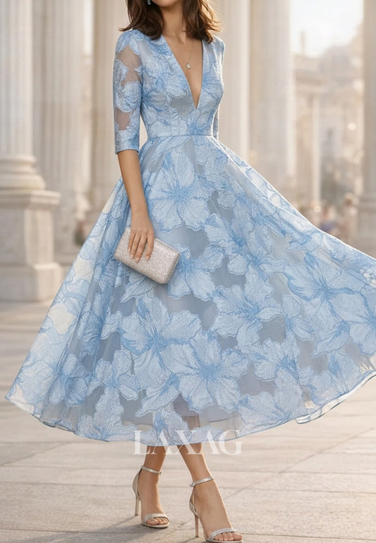 A-Line Deep V-Neck Half-Sleeves Jacquard Chiffon Pleated Sheer Ankle-Length Evening Dress