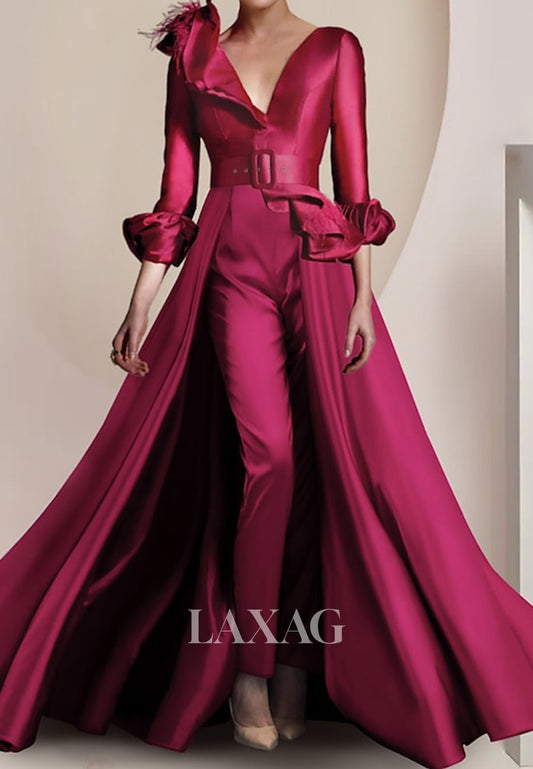 V-Neck Long-Sleeves A-Line Evening Dress Pleated Satin Formal Gowns with Overskirt