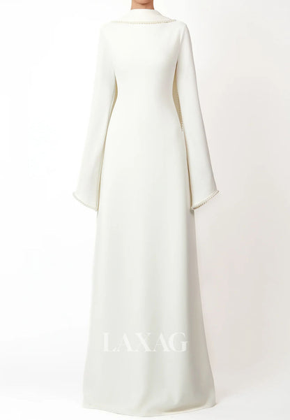 Scoop-Neck Long-Sleeves Pearls Satin Floor-Length Simple Fitted Formal Evening Dress with Overlay