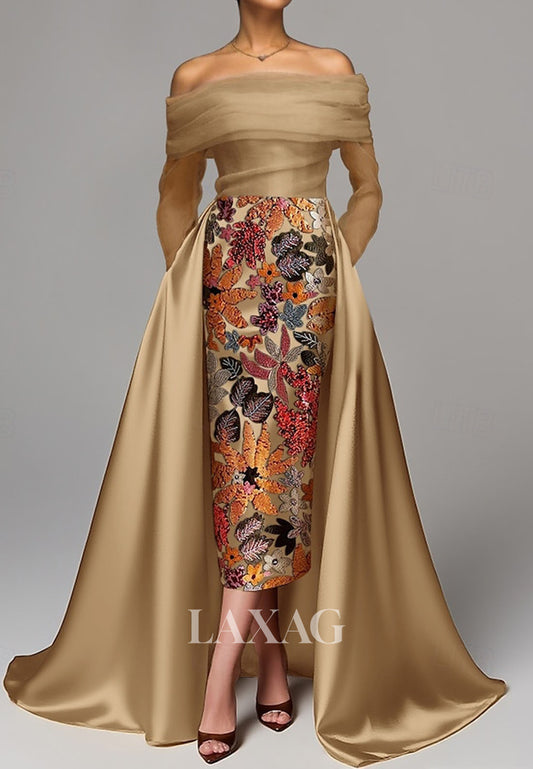 Bateau-Neck Off-Shoulder Long-Sleeves Sequined Applique Satin&Tulle Pleated Mermaid Evening Dress