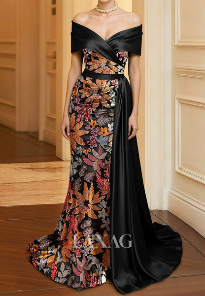 Off-Shoulder Sequined Applique Formal Gowns V-Neck Sleeveless Satin Mermaid Evening Dress