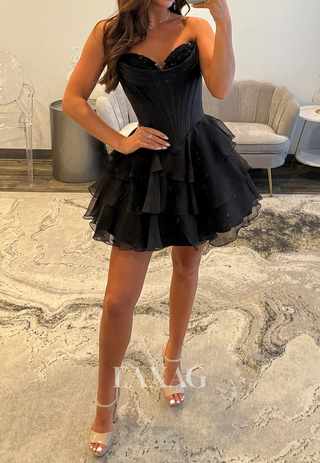 Sweetheart Off-Shoulder Applique Pleated Chiffon Tiered A-Line Party Homecoming Dress