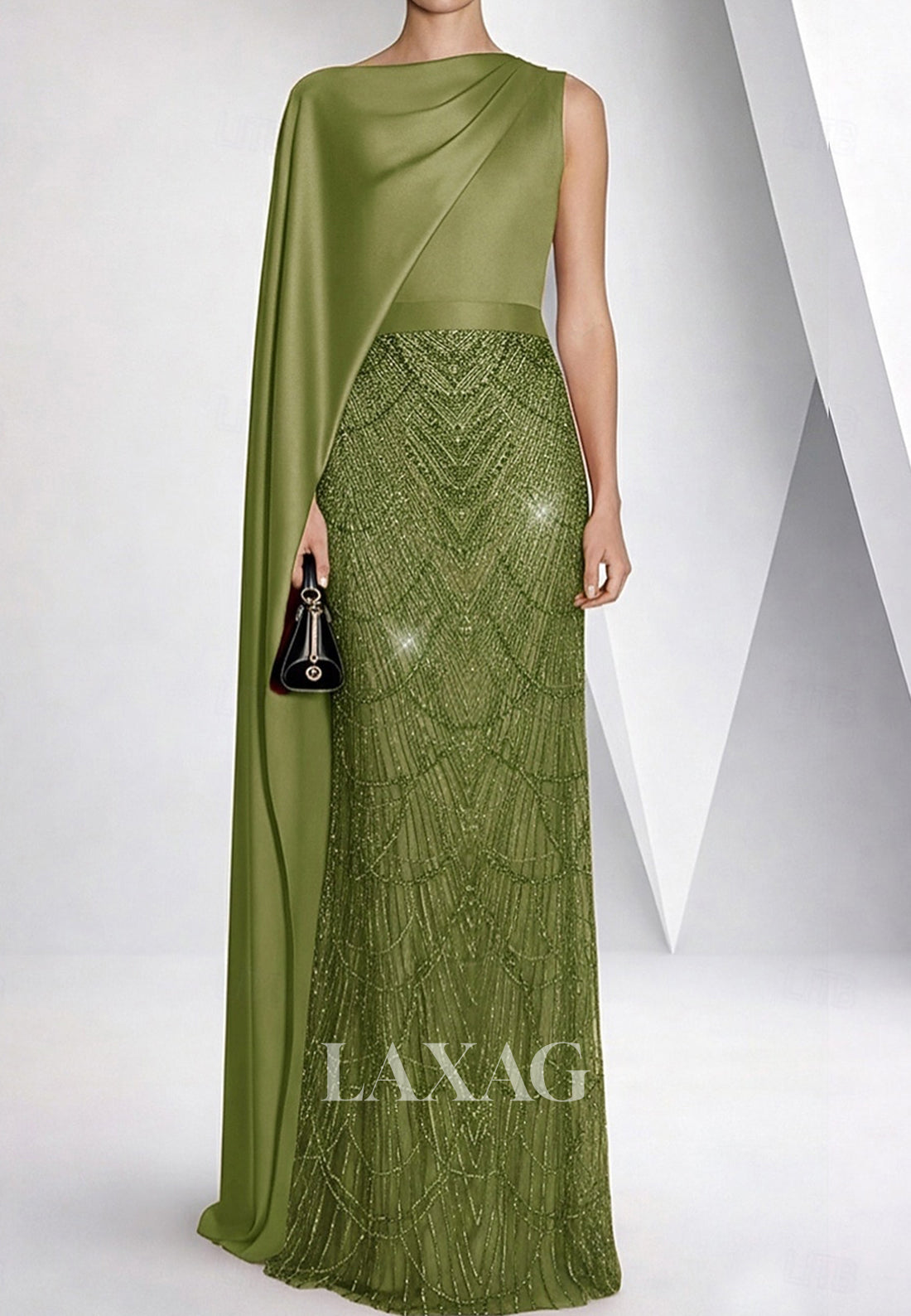 Asymmetrical-Neck Sequined Beaded Satin Pleated Floor-Length Mermaid Mother of the Bride Dress