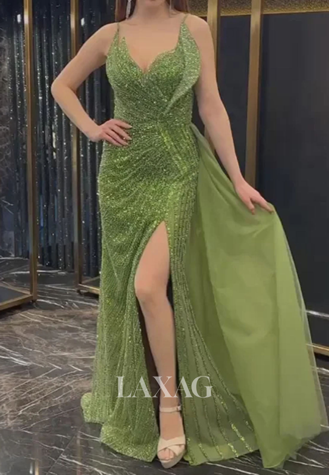 V-Neck Sleeveless Mermaid Evening Dress Off-Shoulder Fully Sequined Beaded Formal Gowns