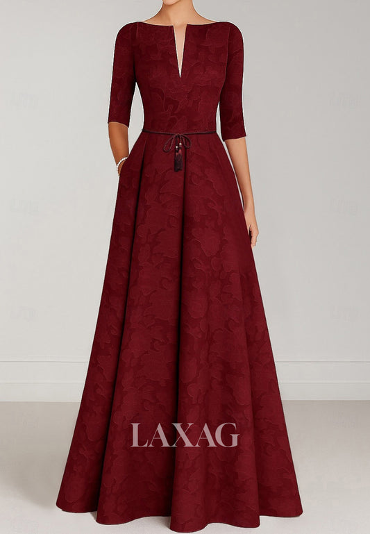 Deep V-Neck Half-Sleeves Jacquard Satin Pleated Floor-Length A-Line Mother of the Bride Dress