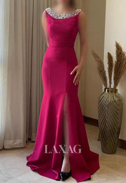 Beaded Scoop-Neck Sleeveless Formal Gowns Floor-Length Satin Slit Mermaid Evening Dress