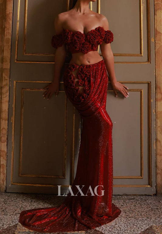 Sweetheart Pleated Fully Sequined Mermaid Prom Dress Floral Embellished Two Piece Party Gowns