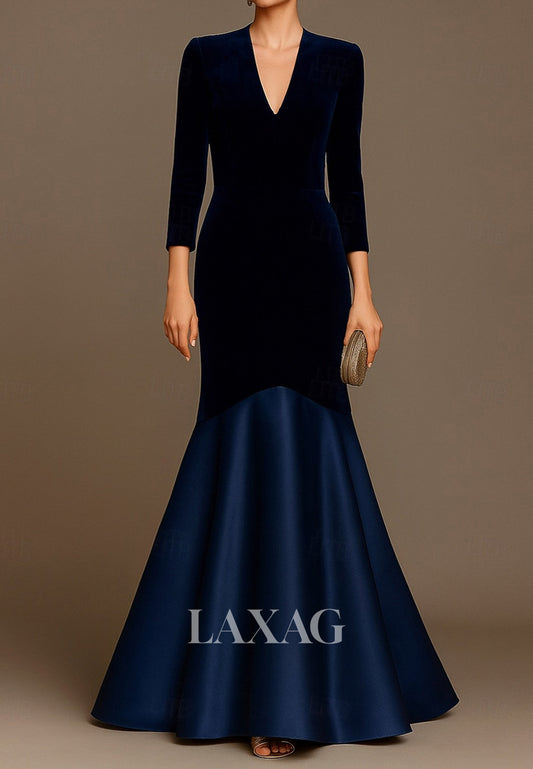 V-Neck 3/4-Sleeves Floor-Length Velvet&Satin Simple Trumpet Mermaid Evening Dress