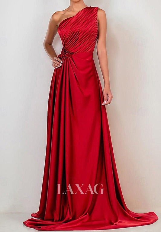 Off-Shoulder Asymmetrical-Neck Sleeveless Satin Pleated Fitted Evening Dress with Sweep Train