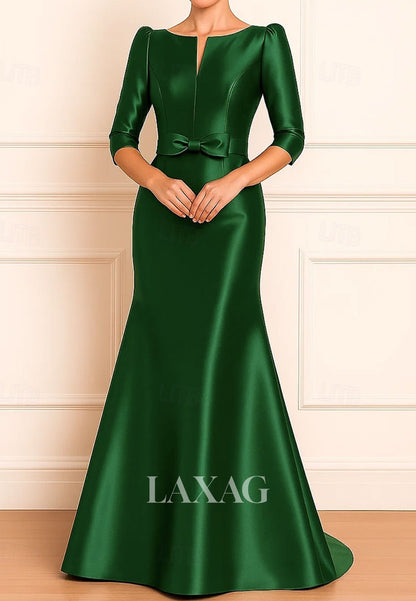 Scoop-Neck 3/4-Sleeves Floor-Length Satin Trumpet Mermaid Evening Dress with Bow