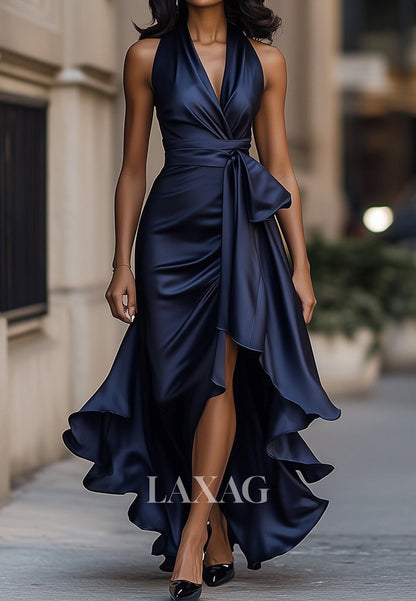 Halter V-Neck Sleeveless Mermaid Mother of Bride Dress Sleeveless High-Low Pleated Satin Formal Gowns