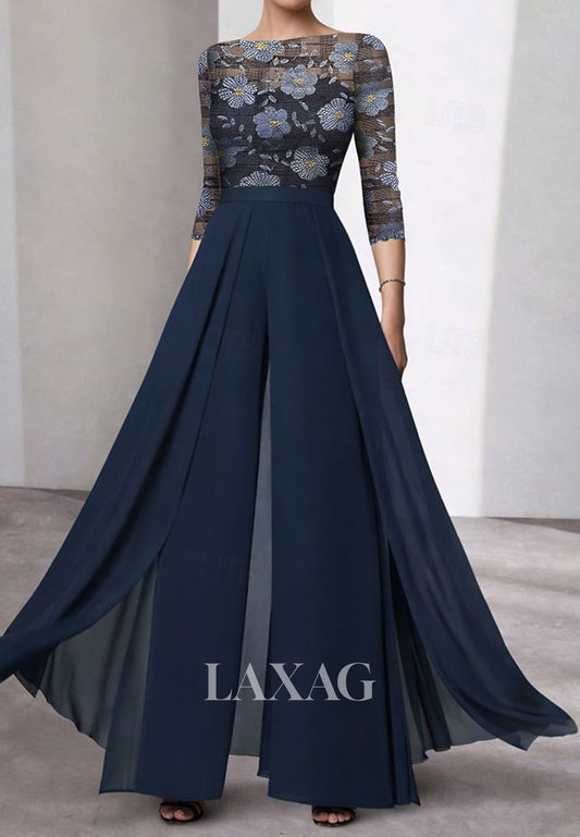 Bateau-Neck 3/4-Sleeves Embroidered Tulle Sheer Pleated Jumpsuit Mother of the Bride Dress