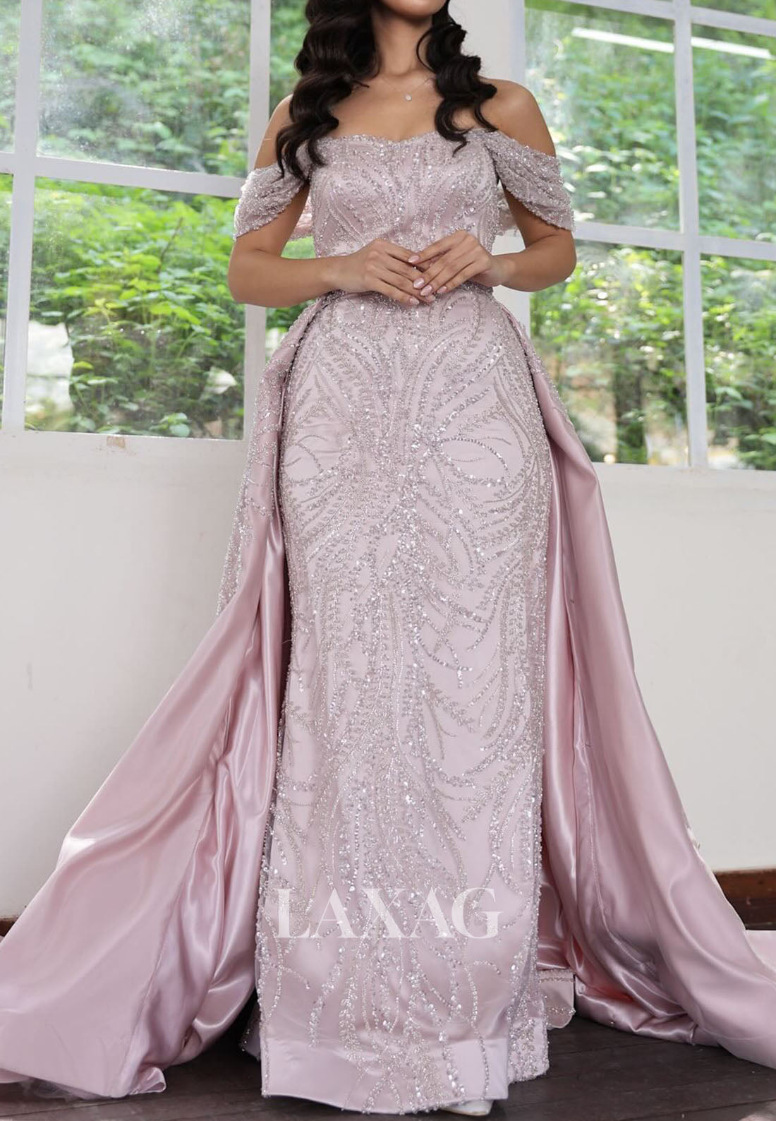 Bateau-Neck Off-Shoulder Mermaid Evening Dress Fully Sequined Beaded Pleated Satin Gormal Gowns