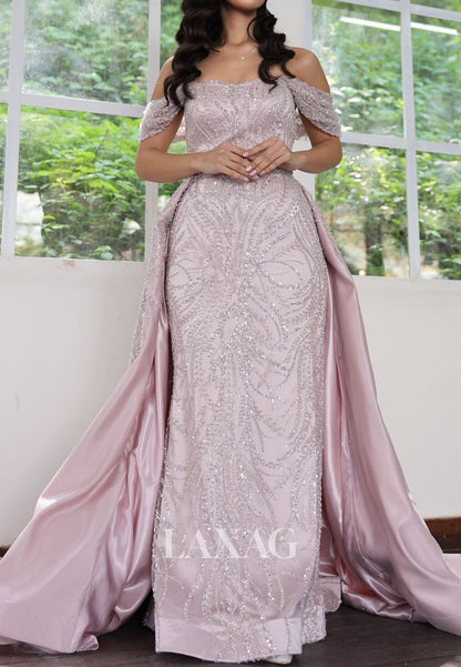 Bateau-Neck Off-Shoulder Mermaid Evening Dress Fully Sequined Beaded Pleated Satin Gormal Gowns