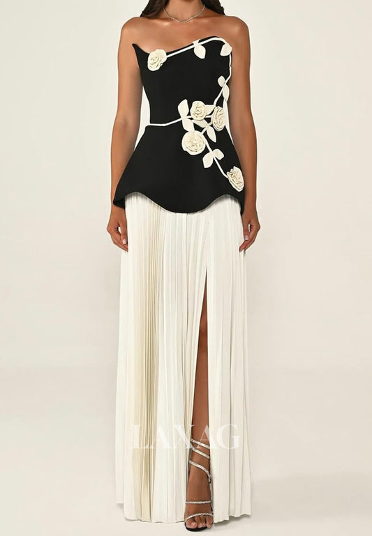 Asymmetrical-Neck Sleeveless Fitted Evening Dress Floral Embellished Two Tone Formal Gowns