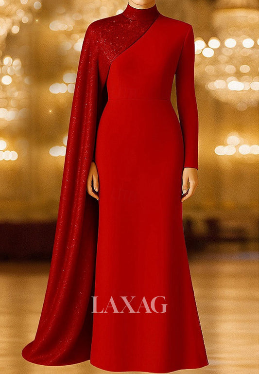 High-Neck Long-Sleeves Satin Formal Gowns Floor-Length Fitted Evening Dress with Sequined Overlay