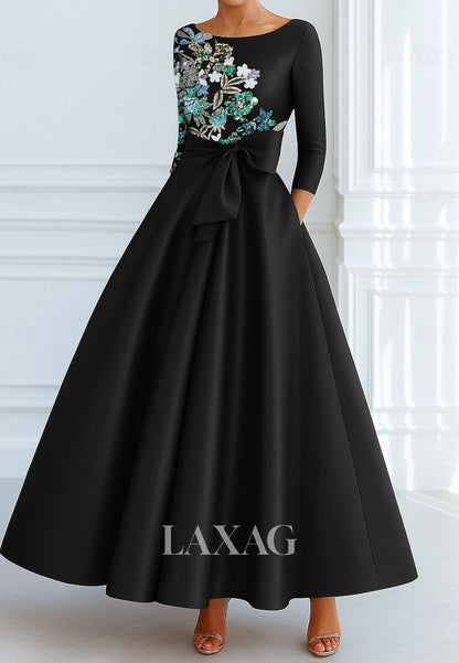 A-Line Long-Sleeves Pleated Satin Evening Dress Sequined Applique Ankle-Length Formal Gowns