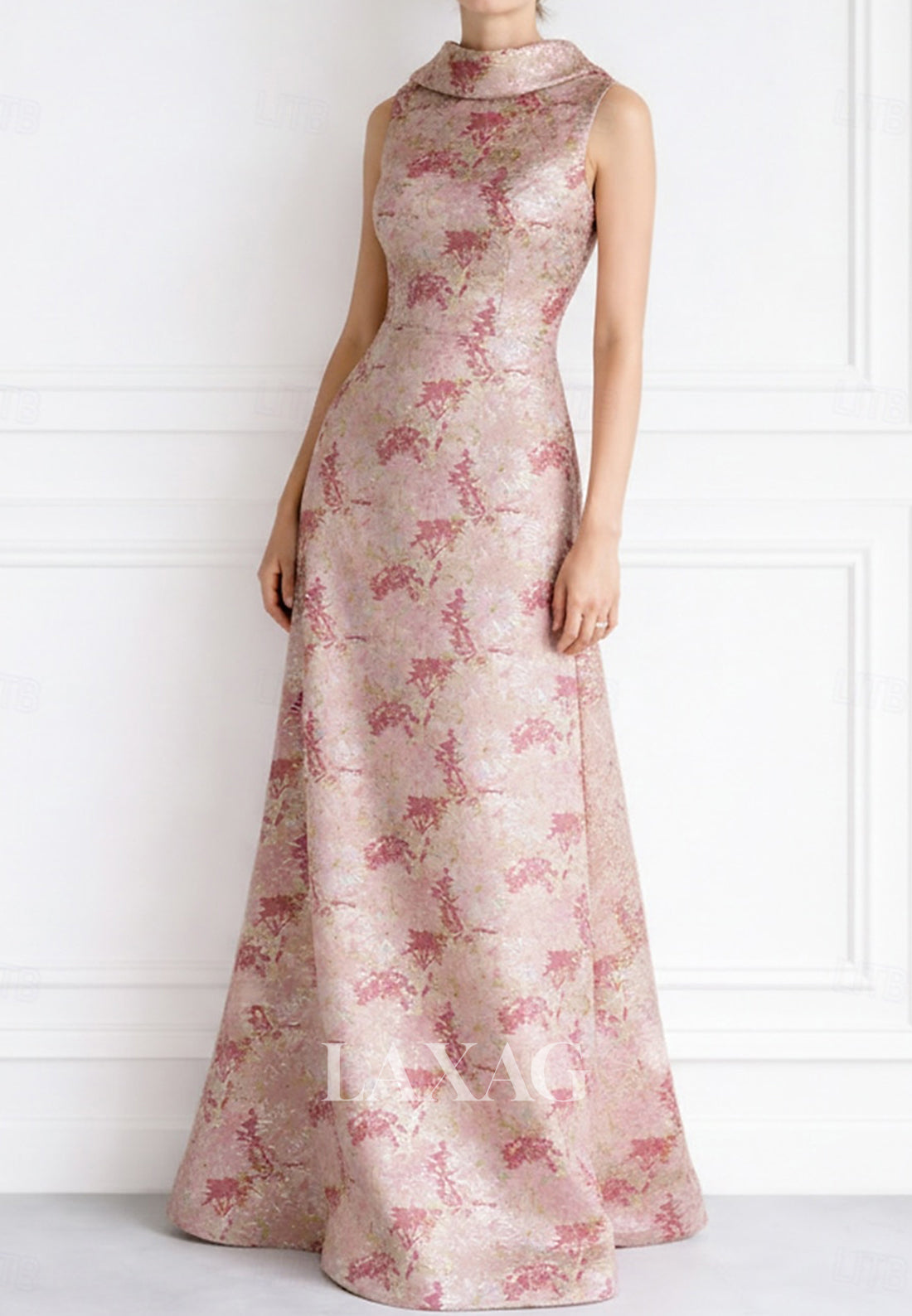 High-Neck Collared Sleeveless Jacquard Satin Pleated Floor-Length Mermaid Evening Dress
