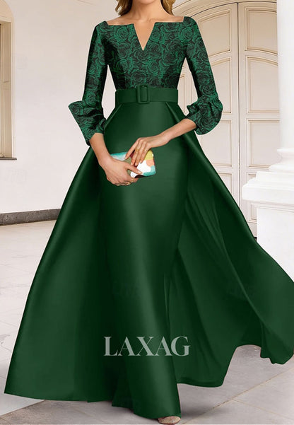 V-Neck Long-Sleeves Pleated Satin Formal Gowns Floor-Length Jacquard Mermaid Evening Dress