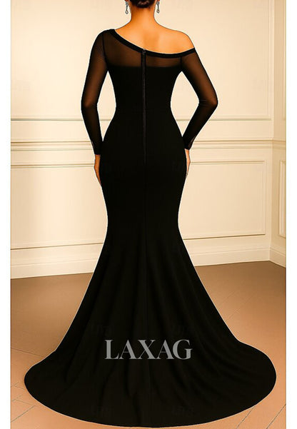 Asymmetrical-Neck Long-Sleeves Formal Gowns Ruffled Satin&Tulle Trumpet Mermaid Evening Dress