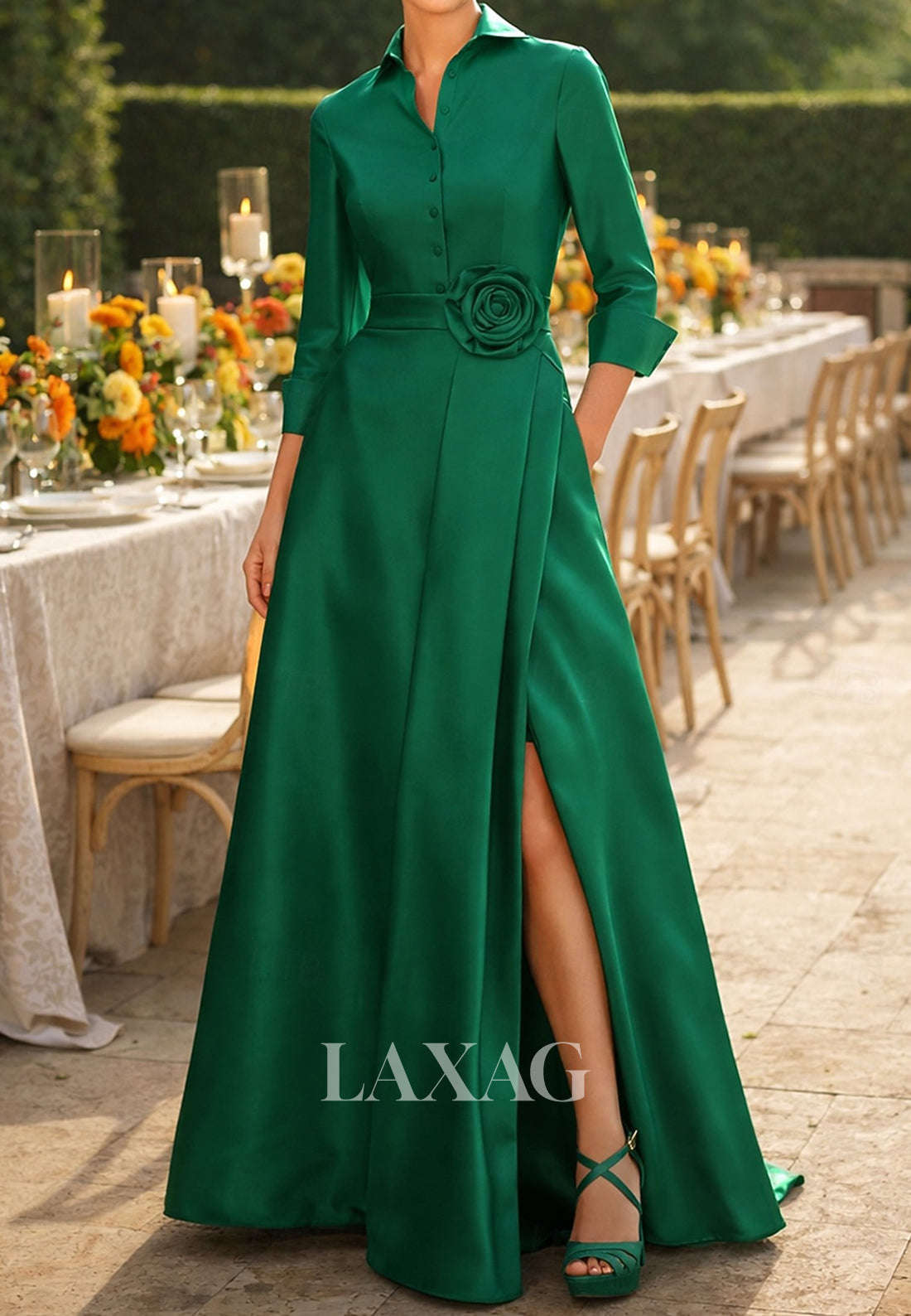 Collared 3/4-Sleeves 3D-Floral Satin Pleated A-Line Mother of the Bride Dress with Slit