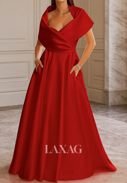 V-Neck Floor-Length Long A-Line Evening Dress Sleeveless Satin Pleated Formal Gowns
