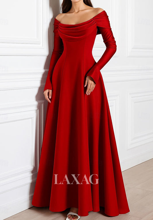 Scoop-Neck Off-Shoulder Long-Sleeves Satin Pleated Floor-Length Simple A-Line Evening Dress
