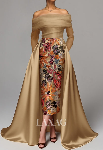 Bateau-Neck Off-Shoulder Long-Sleeves Sequined Applique Ankle-Length Mermaid Evening Dress