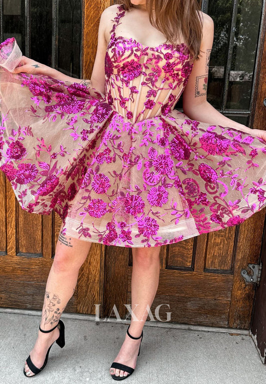 Sweetheart Spaghetti Straps Fully Sequined Applique Pleated Tulle A-Line Homecoming Dress