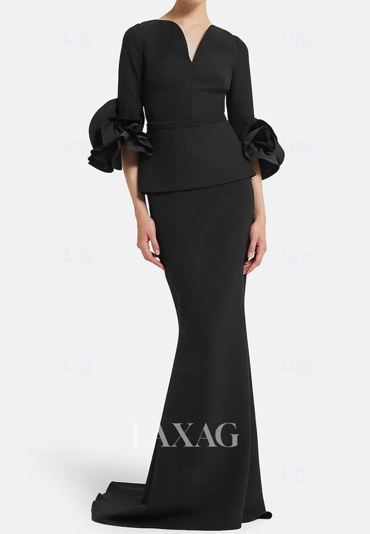 V-Neck Half-Sleeves Ruffled Satin Floor-Length Simple Mermaid Evening Dress with Sweep Train