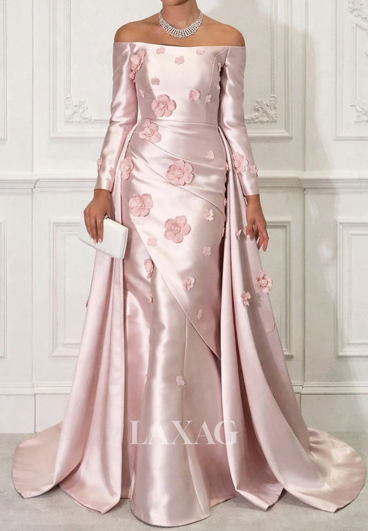 Bateau-Neck Off-Shoulder Long-Sleeves 3D-Floral Satin Pleated Mermaid Mother of the Bride Dress