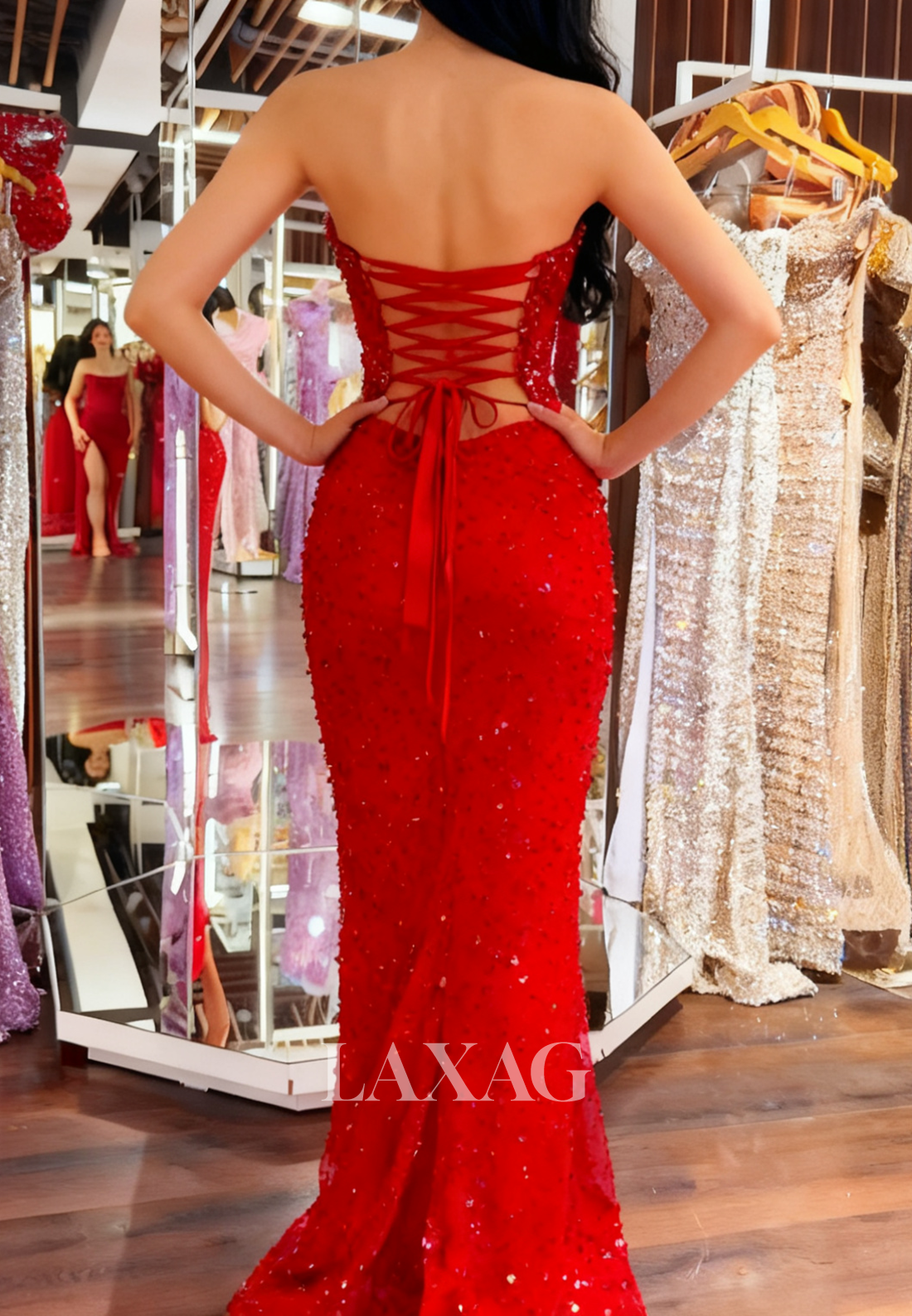 Tube Top Off-Shoulder Sleeveless Rhinestone Fully Sequined Beaded Pleated Mermaid Prom Dress