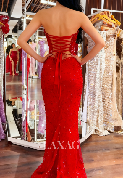 Tube Top Off-Shoulder Sleeveless Rhinestone Fully Sequined Beaded Pleated Mermaid Prom Dress