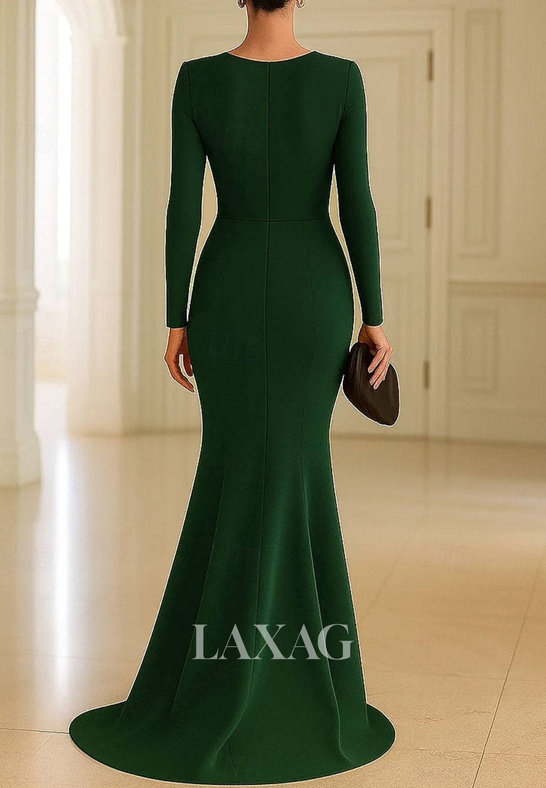 Deep V-Neck Satin Pleated Mermaid Evening Dress Long-Sleeves Sweep Train Formal Gowns with Slit