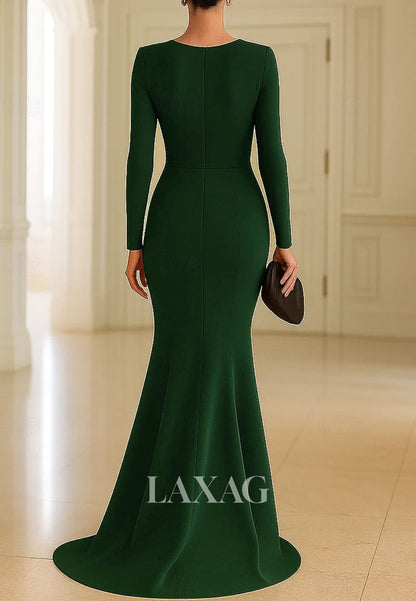Deep V-Neck Satin Pleated Mermaid Evening Dress Long-Sleeves Sweep Train Formal Gowns with Slit