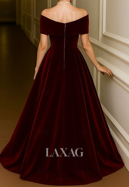 Off-Shoulder V-Neck Sleeveless Velvet Pleated Floor-Length Simple A-Line Evening Dress