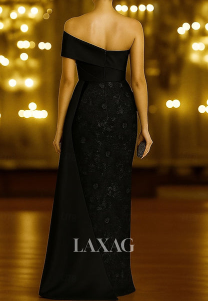 Asymmetrical-Neck Sleeveless Sequined Applique Satin Pleated Floor-Length Mermaid Evening Dress
