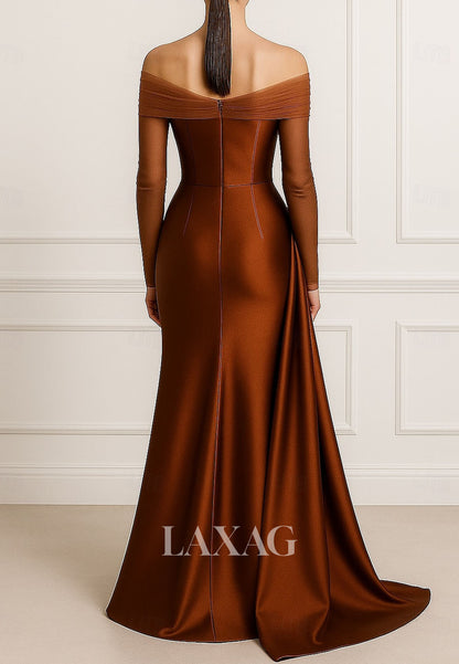 Bateau-Neck Long-Sleeves Mermaid Evening Dress Floor-Length Satin&Tulle Pleated Formal Gowns