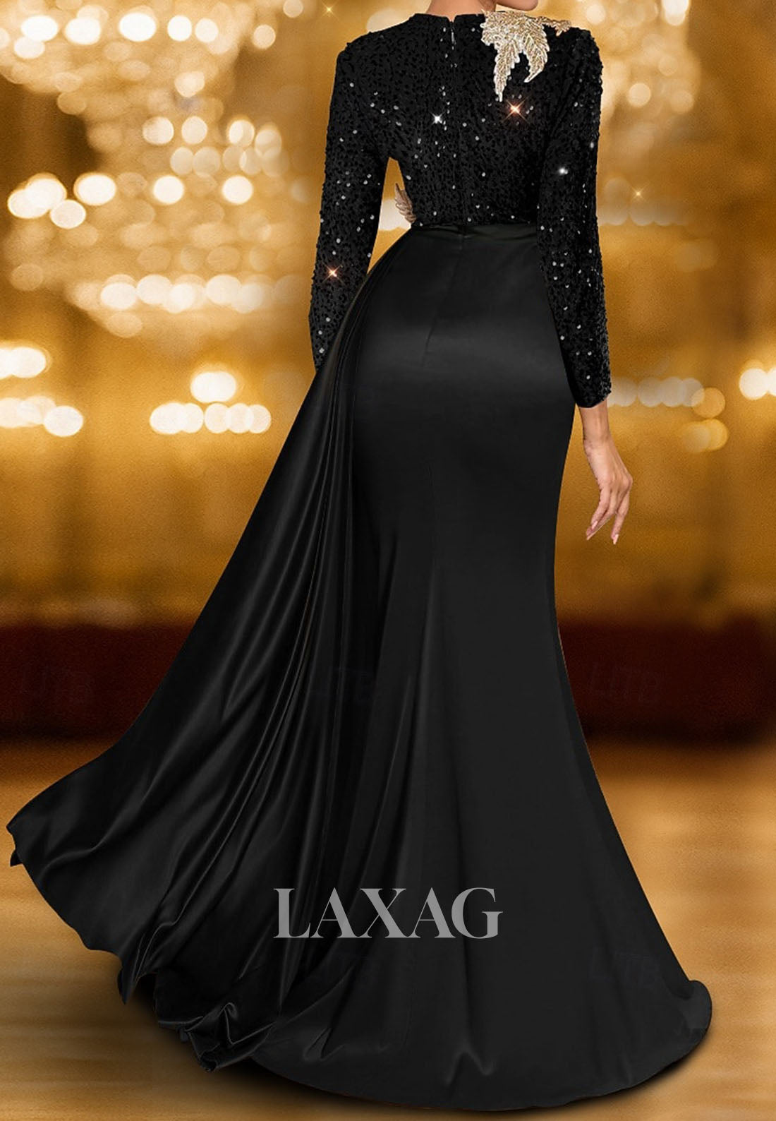 Scoop-Neck Long-Sleeves Formal Gowns Fully Sequined Beaed Satin Mermaid Evening Dress