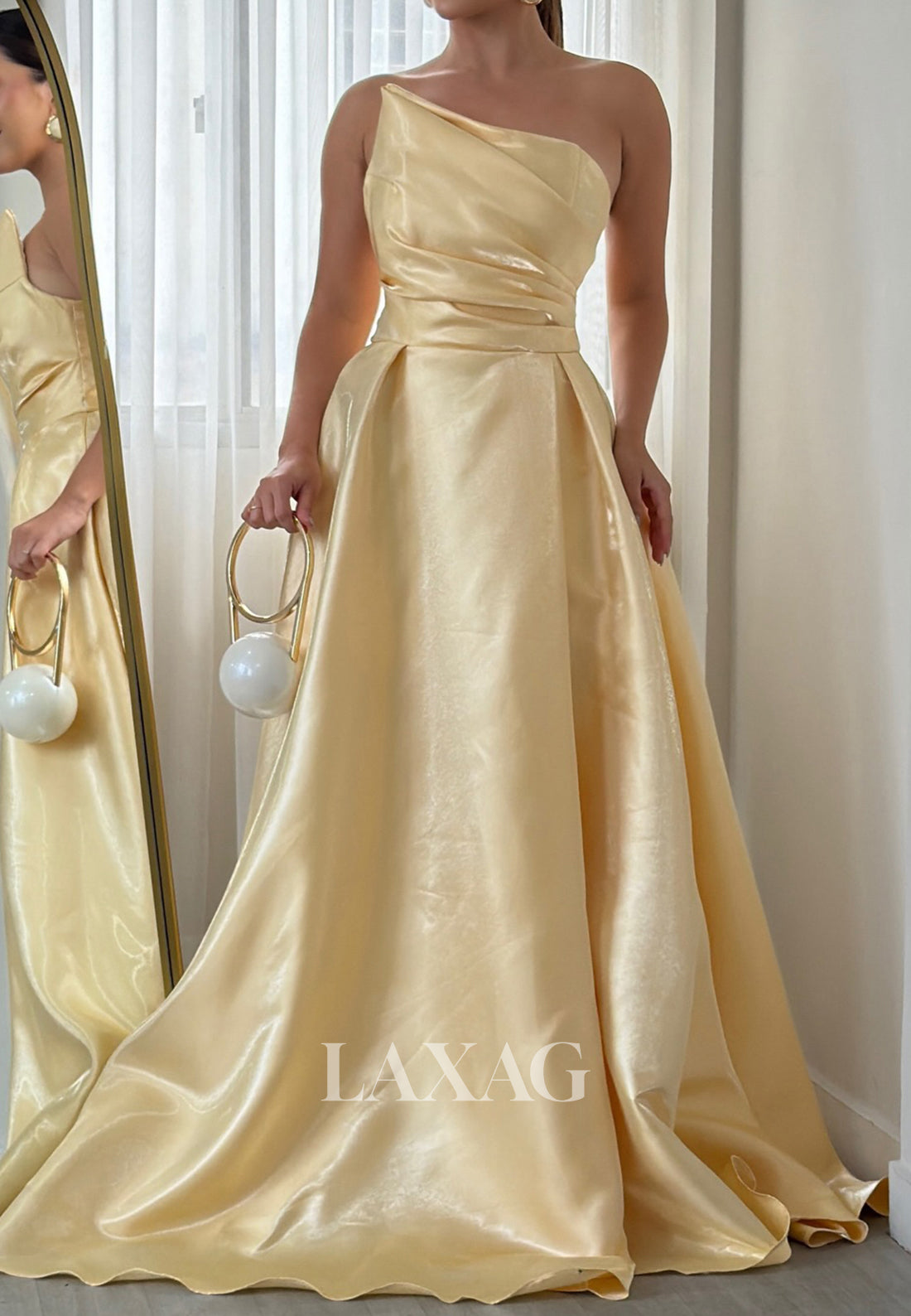 Asymmetrical-Neck Off-Shoulder Sleeveless Satin Pleated Floor-Length Mermaid Evening Dress