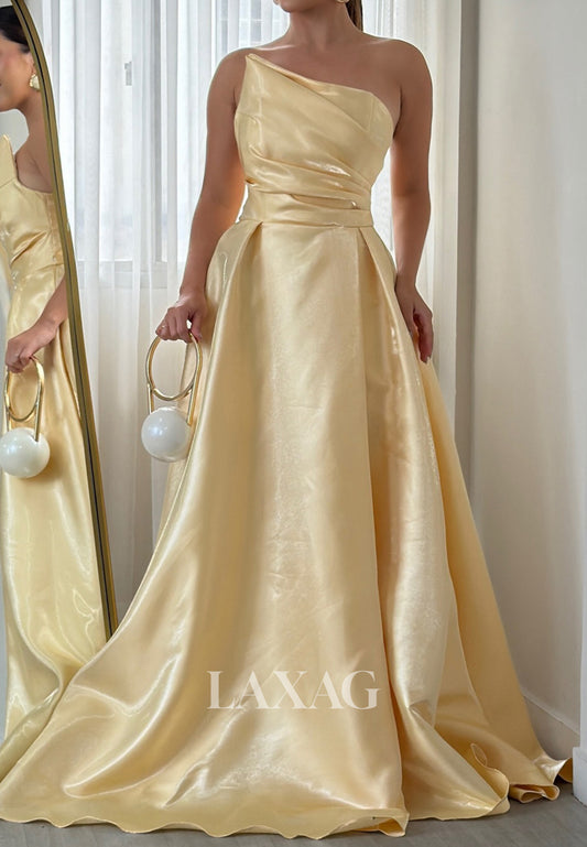 Asymmetrical-Neck Off-Shoulder Sleeveless Satin Pleated Floor-Length Mermaid Evening Dress