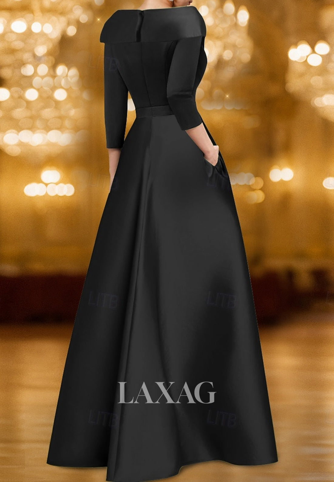 V-Neck Collared Half-Sleeves Jacquard Sequined Satin Mermaid Mother of the Bride Dress