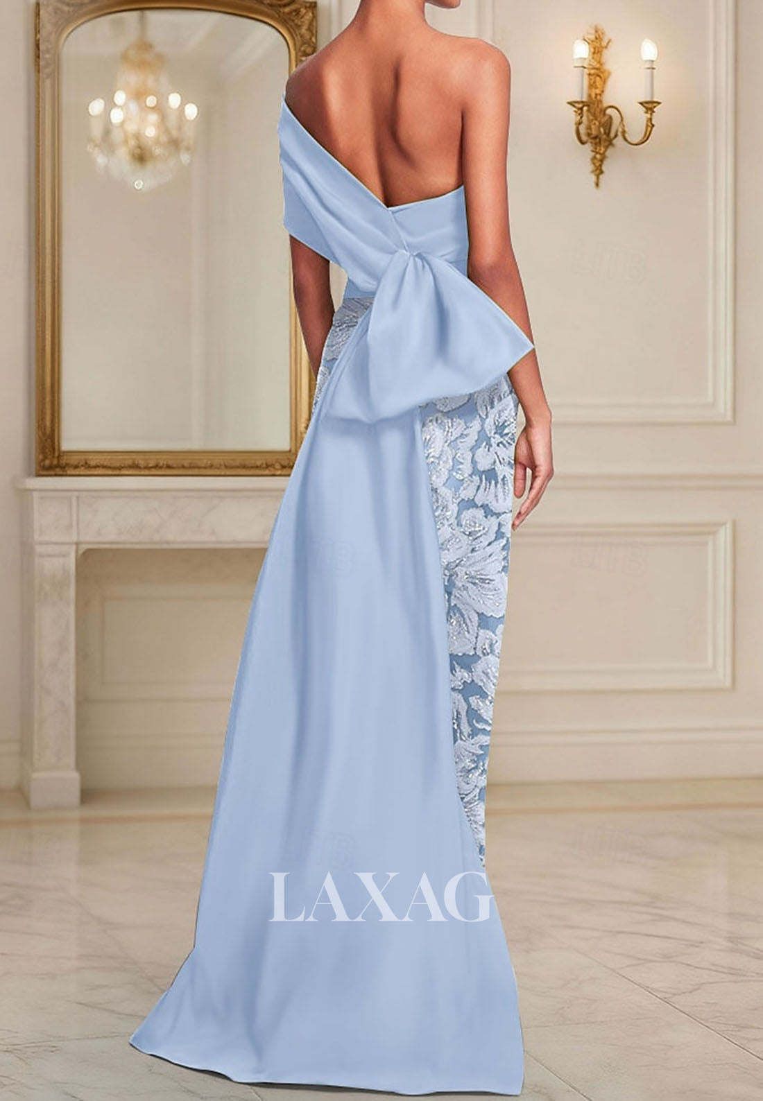 Asymmetrical-Neck Satin Pleated Formal Gowns Ankle-Length Jacquard Mermaid Evening Dress