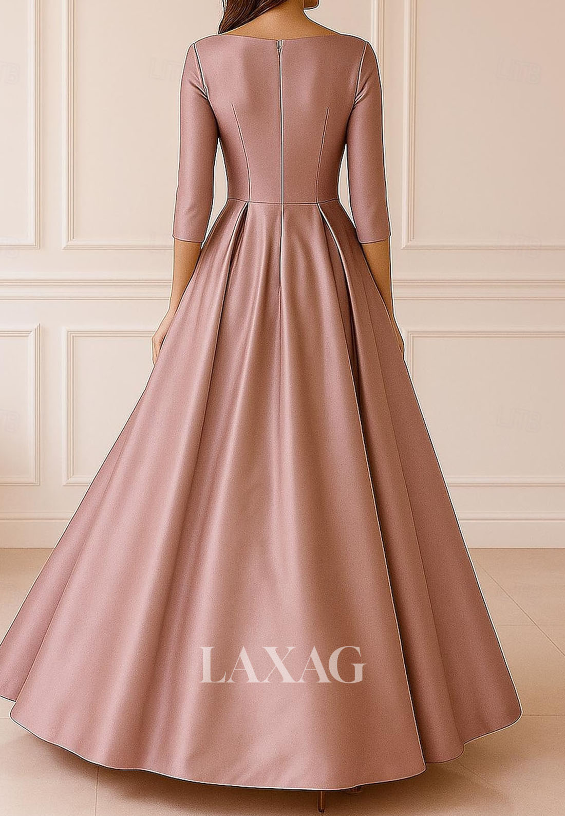V-Neck 3/4-Sleeves Formal Gowns Floral Embellished Pleated Satin A-Line Evening Dress