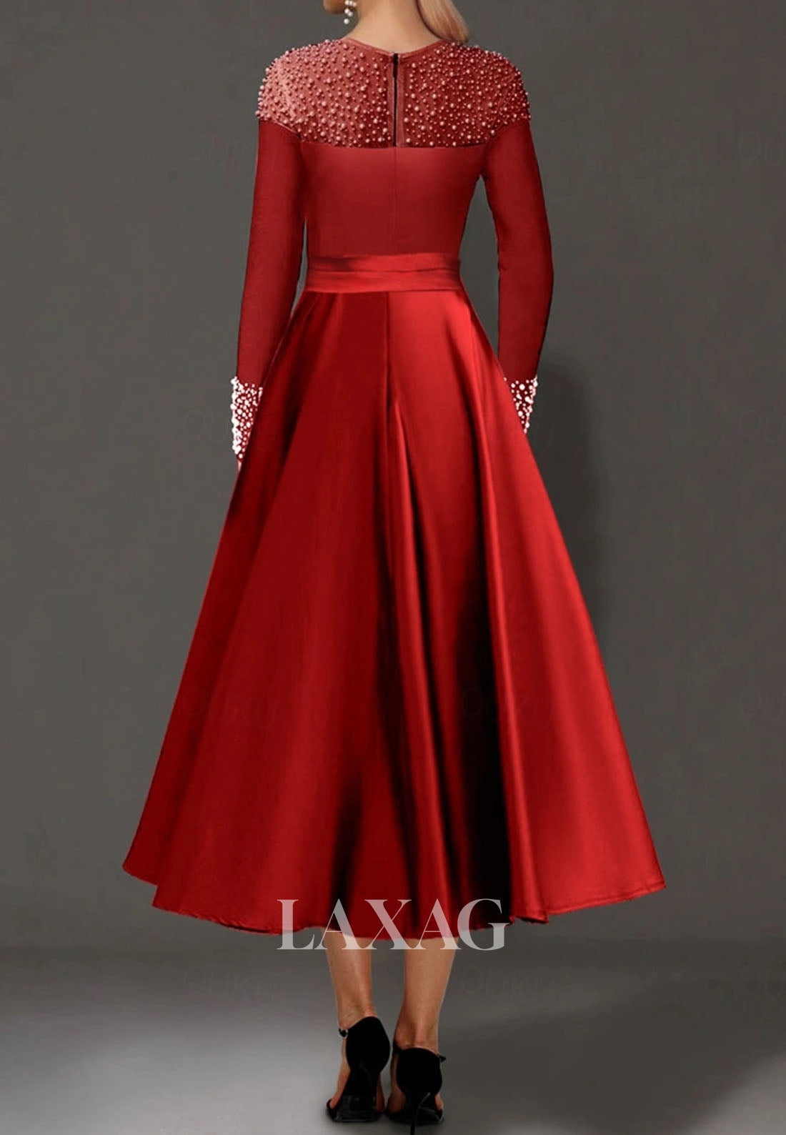 Scoop-Neck Long-Sleeves A-Line Evening Dress Beaded Pleated Satin Tea-Length Formal Gowns