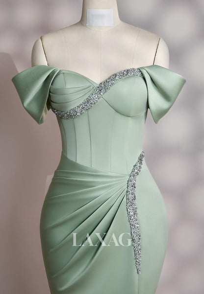 Sweetheart Off-Shoulder Beaded Formal Gowns Pleated Satin Floor-Length Evening Dress with Slit