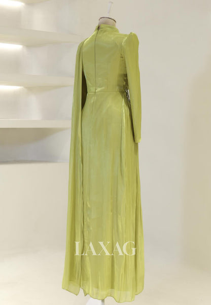 High-Neck Long-Sleeves Rhinestone Beaded Chiffon Pleated Floor-Length Fitted Evening Dress