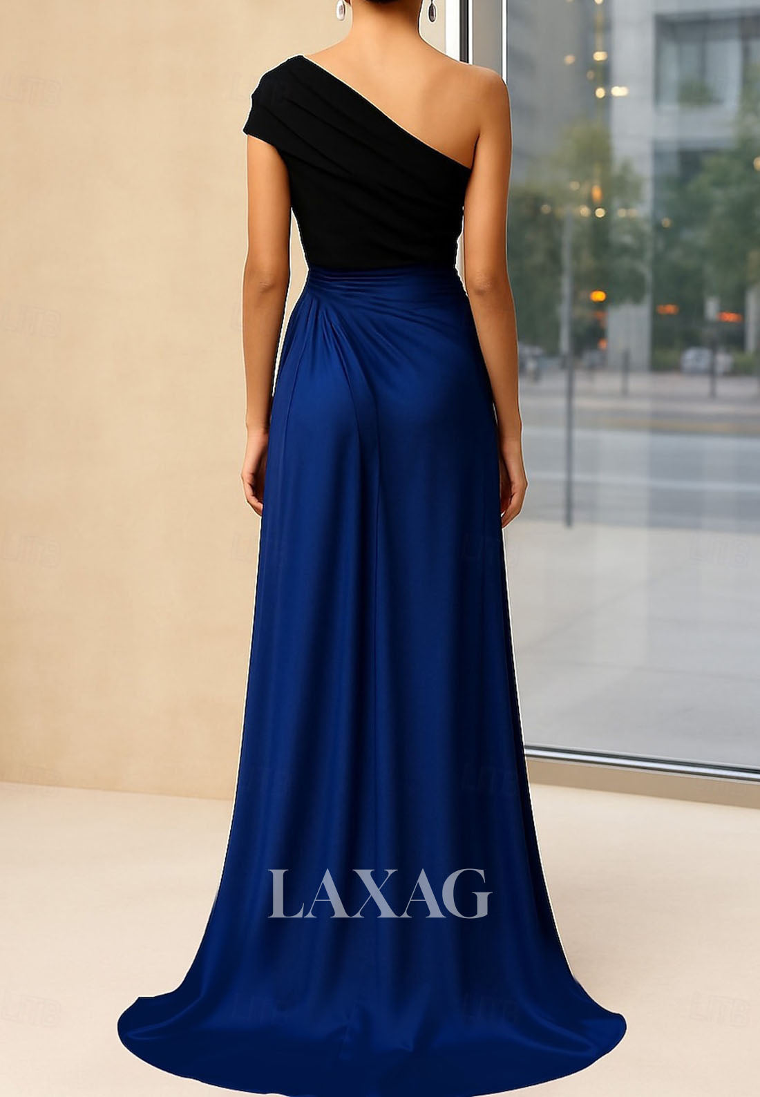Asymmetrical-Neck Satin Pleated Formal Gowns Floor-Length Long A-Line Evening Dress