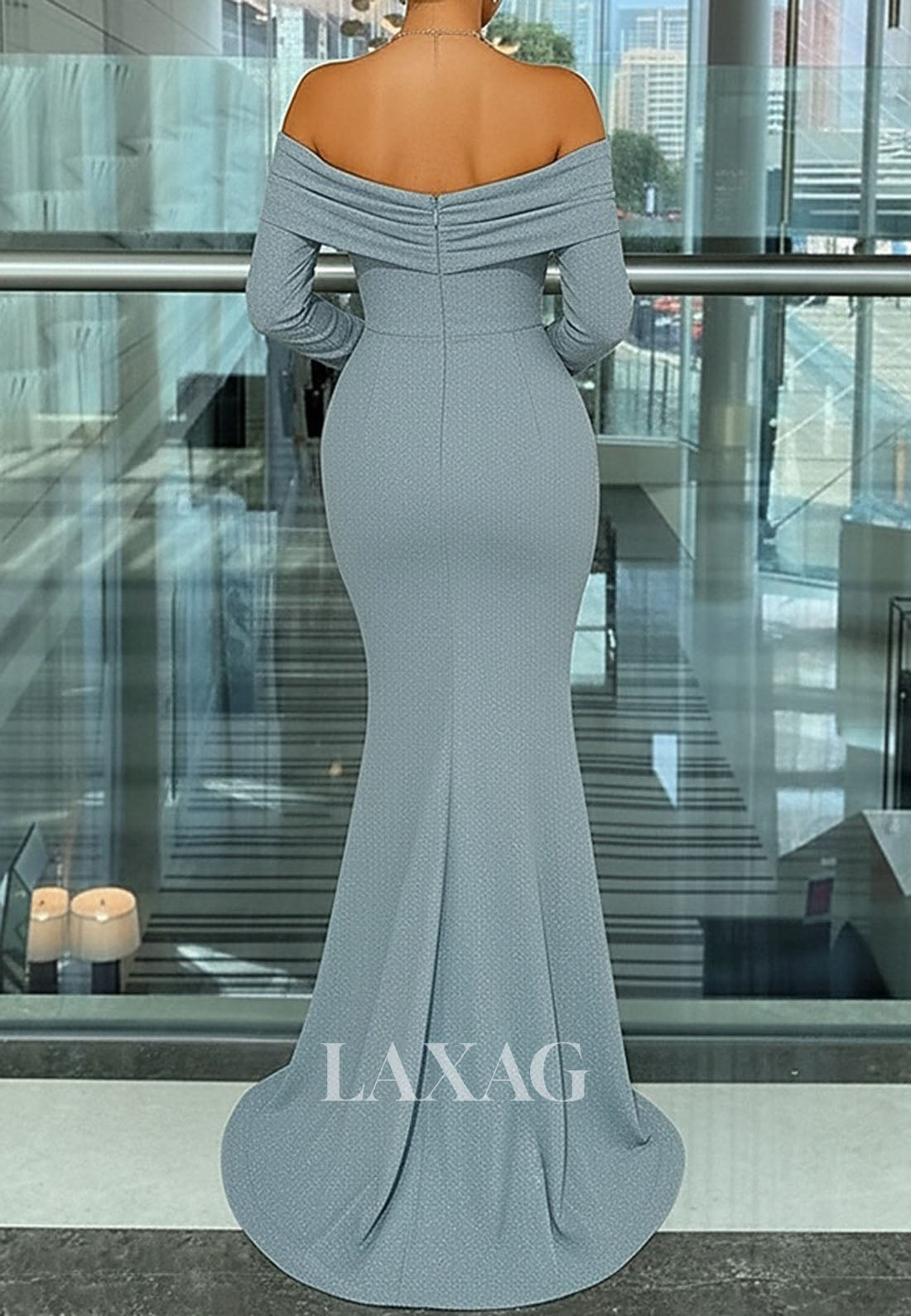Sweetheart Long-Sleeves Mermaid Evening Dress Glitter-Knit Pleated Floor-Length Formal Gowns